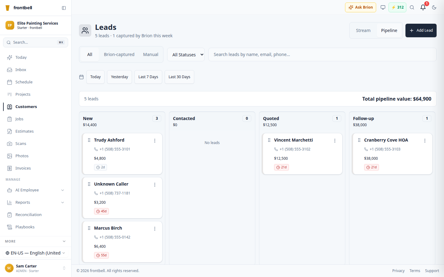 Frontbell sales pipeline — drag-and-drop lead kanban with per-stage dollar totals