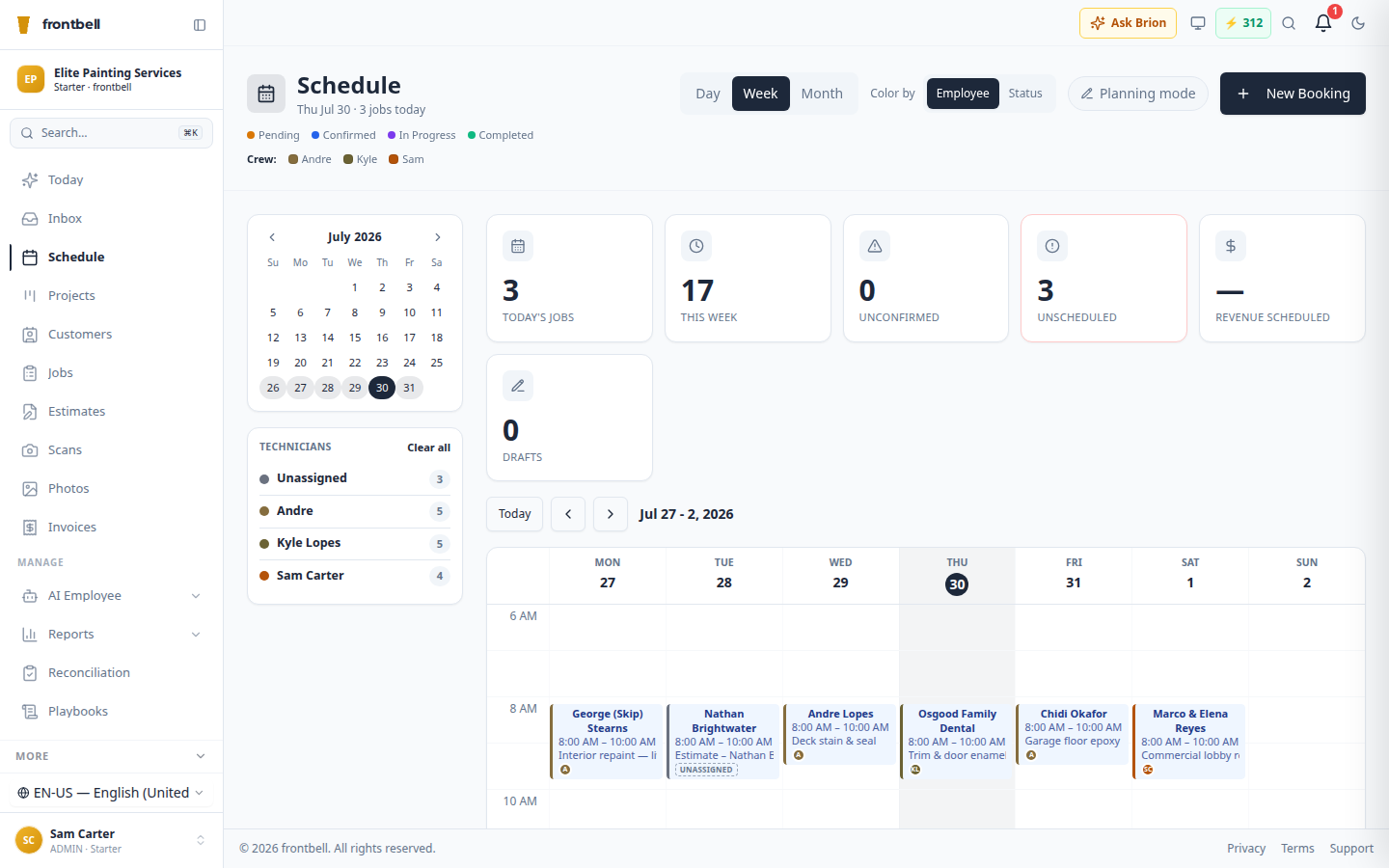 Frontbell schedule — week view crew calendar with technician assignment