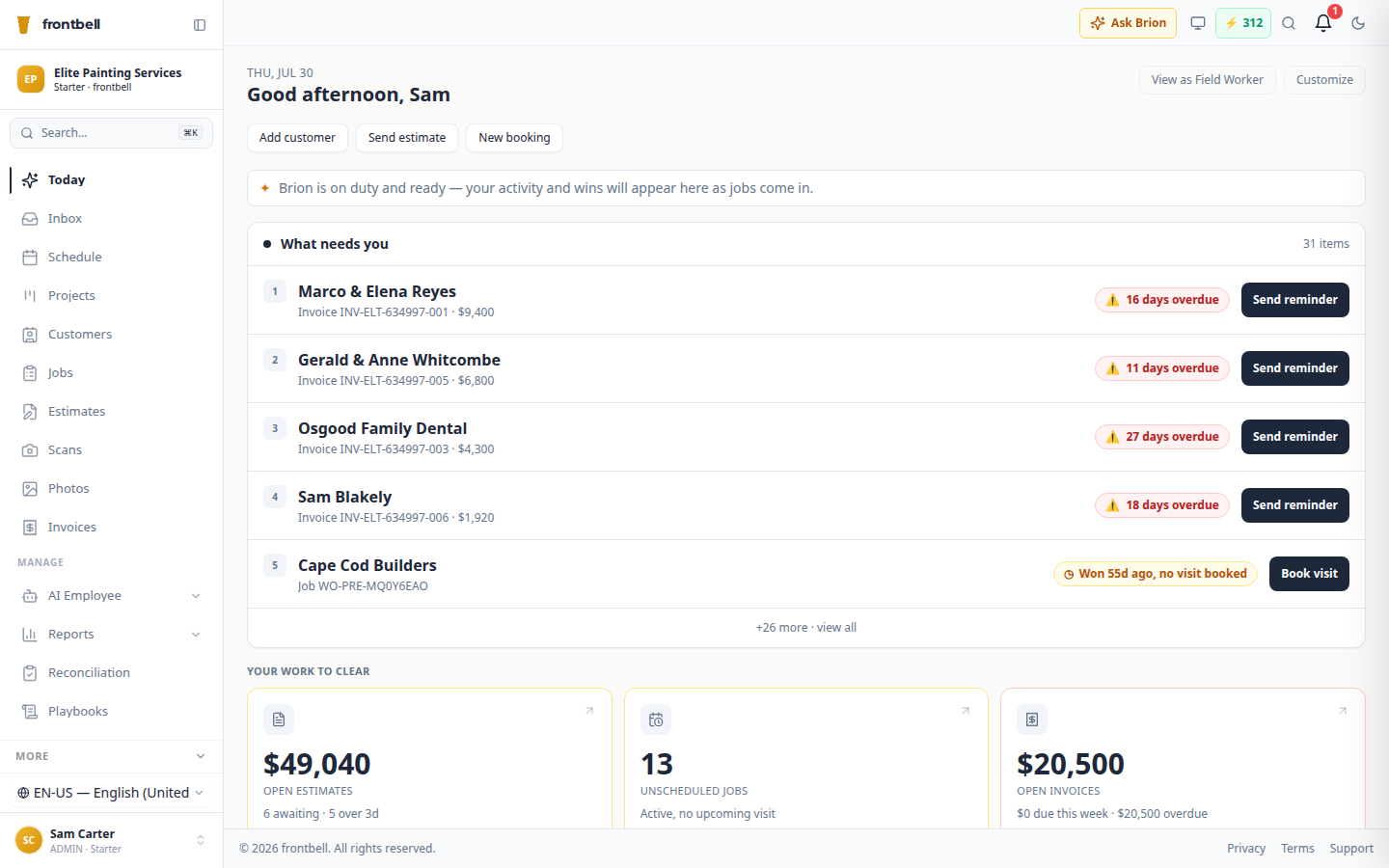 Frontbell Today dashboard — daily triage with overdue invoices, open estimates, and unscheduled jobs